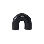 Black 180 degree 4-ply aramid reinforced silicone elbow connector with 3 inch inner diameter and 4.25 inch legs.