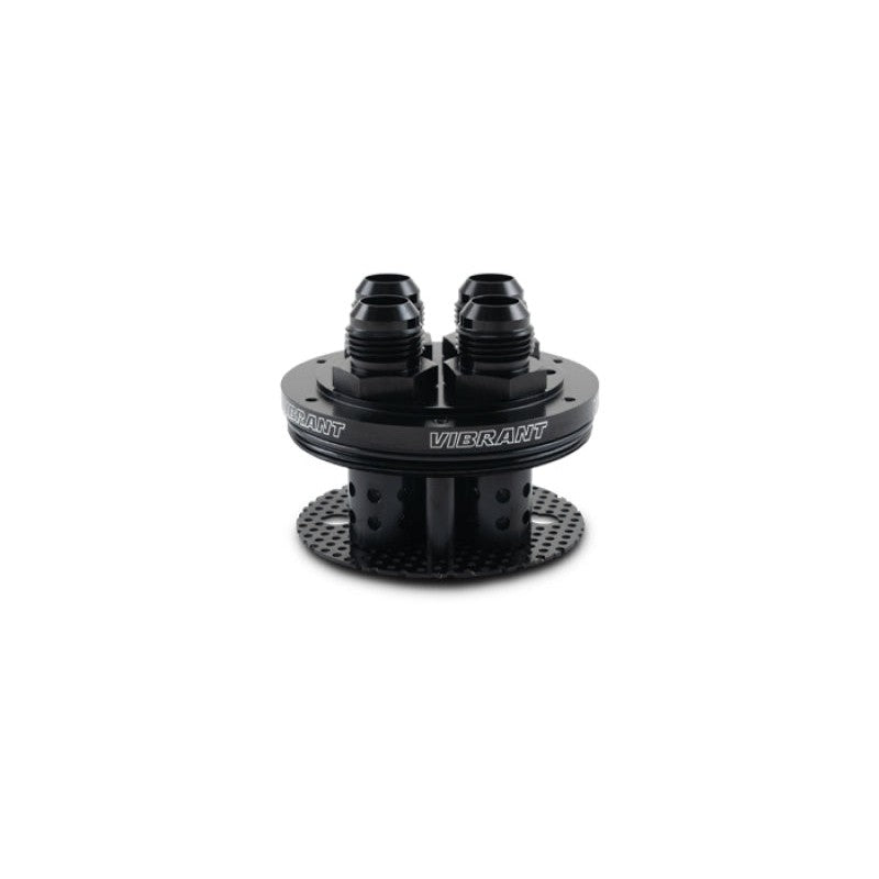 Vibrant Performance Gen3 4-port catch can lid assembly with four -12 AN male fittings and integrated filter barrels.