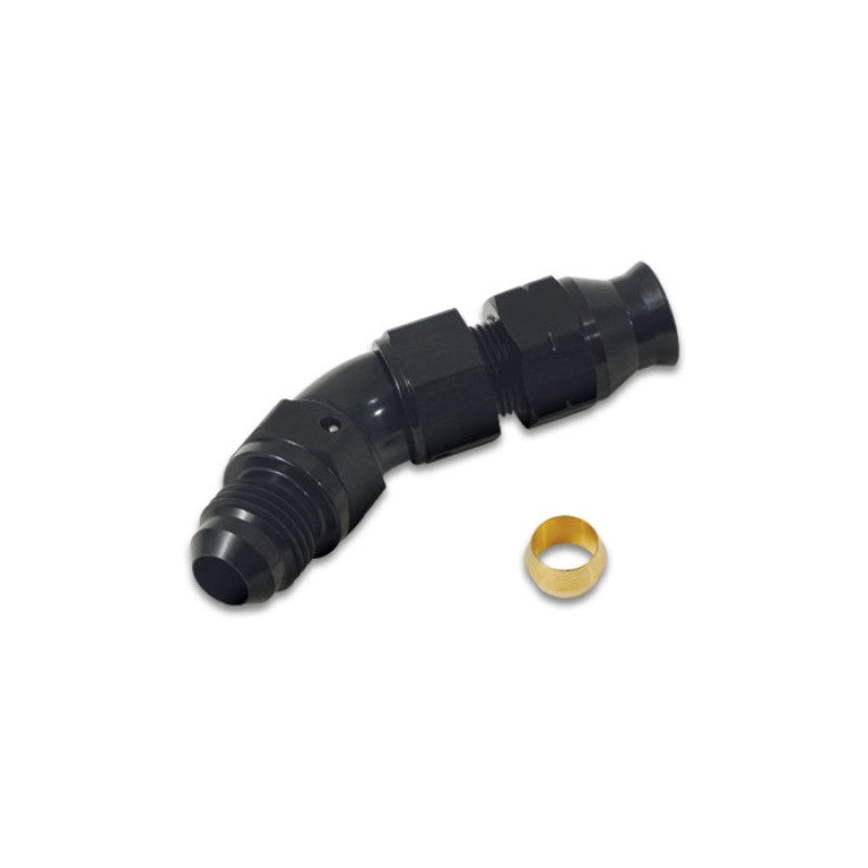 45-degree 3/8 inch tube to male -6AN flare adapter with olive compression inserts and 6061 aluminum construction