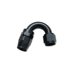 Black hard anodized 6061 aluminum -4AN 150 degree swivel-style elbow hose end fitting.