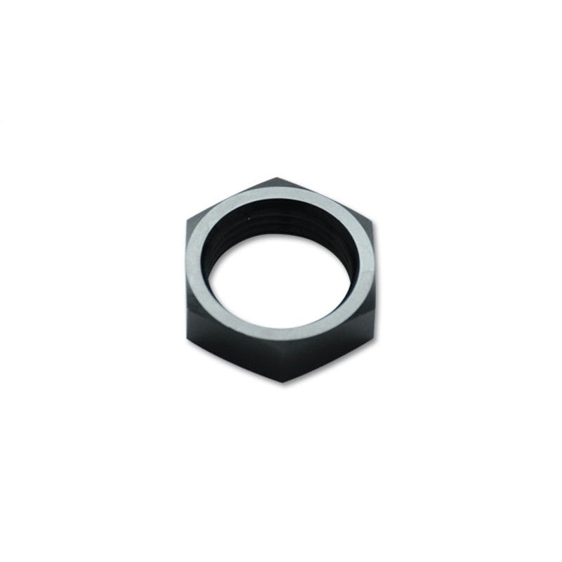 Black anodized 6061 aluminum -4AN bulkhead nut with precision threading for automotive fluid systems.