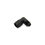 Black anodized 6061 aluminum -4AN female to -4AN male 90 degree swivel adapter fitting.