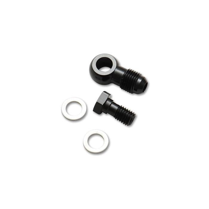 Black anodized 6061 aluminum -4AN male to 10mm x 1.5 metric banjo fitting with two silver crush washers.