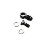 Black anodized 6061 aluminum Vibrant Performance 11515 -4AN male to 12mm x 1.5 metric banjo adapter with two crush washers.