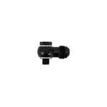 Black anodized 6061 aluminum -4AN male to 8mm x 1.25 metric banjo fitting shown with two crush washers.