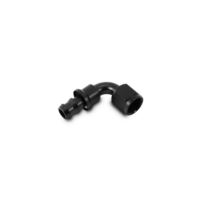 90-degree -4AN aluminum push-on style hose end fitting manufactured by Vibrant Performance.