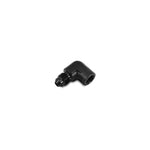 Black anodized 6061 aluminum 90-degree adapter fitting with -4AN male flare and 1/8 inch NPT female threads.