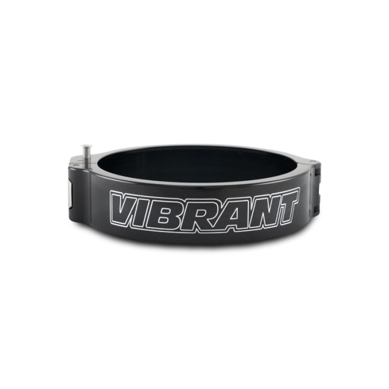 Black anodized 4-inch Vibrant Performance HD 2.0 pinless clamp showing the integrated push-button safety lock mechanism.