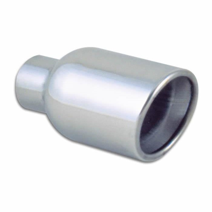 Polished 304 stainless steel 4-inch round resonated exhaust tip featuring a double wall, angle cut, and rolled edge.