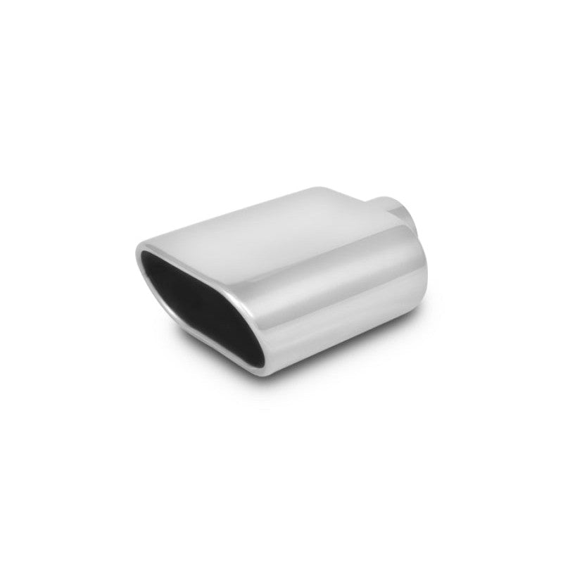 Mirror polished oval 304 stainless steel exhaust tip featuring a single wall angle cut and rolled edge.