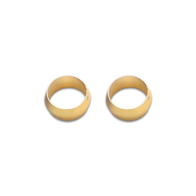 Two precision-machined brass olive inserts for 5/8 inch aluminum hardline tubing.