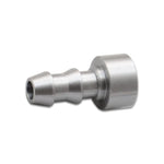 Precision-machined mild steel weld bung featuring a 5/8 inch hose barb for custom automotive fabrication.