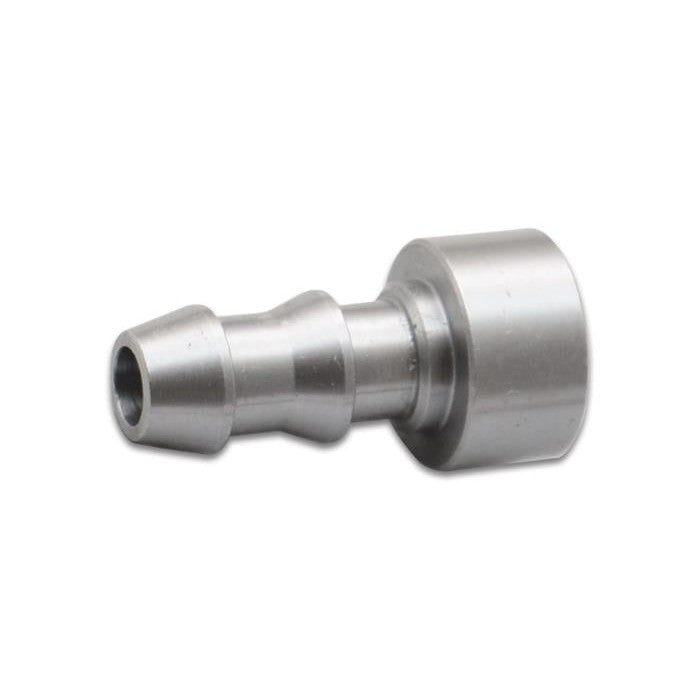 Precision-machined mild steel weld bung featuring a 5/8 inch hose barb for custom automotive fabrication.