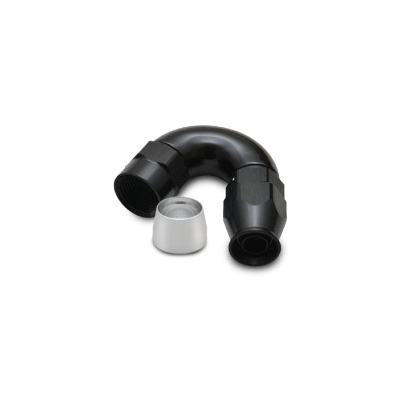 Black hard-anodized Vibrant Performance 28506 -6AN 150 degree non-swivel hose end fitting for PTFE-lined hose.