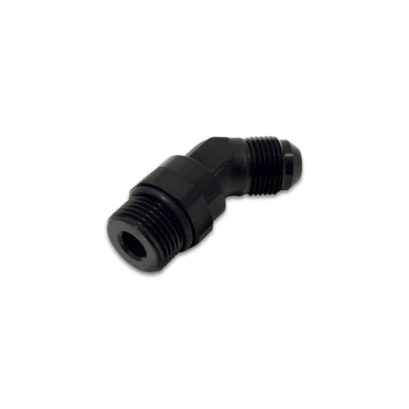 Black anodized 6061 aluminum 45-degree swivel fitting with -6AN male flare and -8AN ORB male threads.