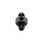Black anodized 6061 aluminum -6AN male flare union adapter fitting with an integrated 1/8 inch NPT accessory port.