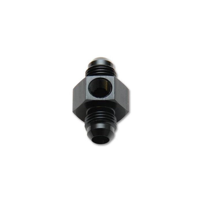 Black anodized 6061 aluminum -6AN male flare union adapter fitting with an integrated 1/8 inch NPT accessory port.