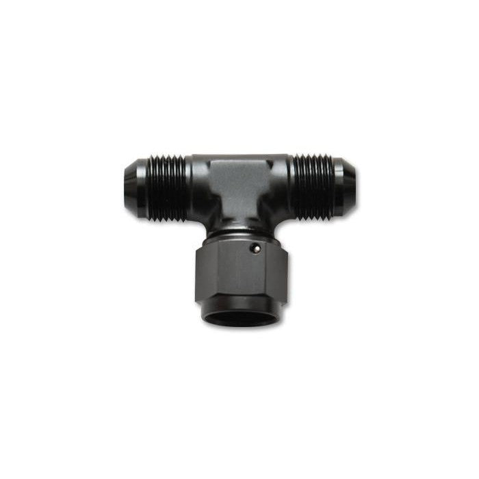 Black anodized 6061 aluminum -6AN tee adapter fitting with a female swivel on the side port