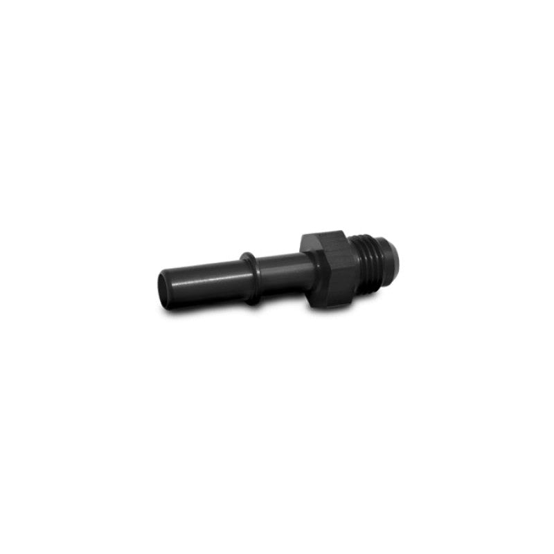 Black anodized 6061 aluminum EFI adapter fitting with -6AN male threads and a 3/8 inch push-on hose barb.