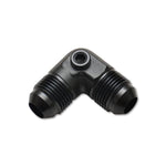 Black anodized 6061 aluminum 90-degree -6AN male to -6AN male union adapter with an integrated 1/8 inch NPT accessory port.