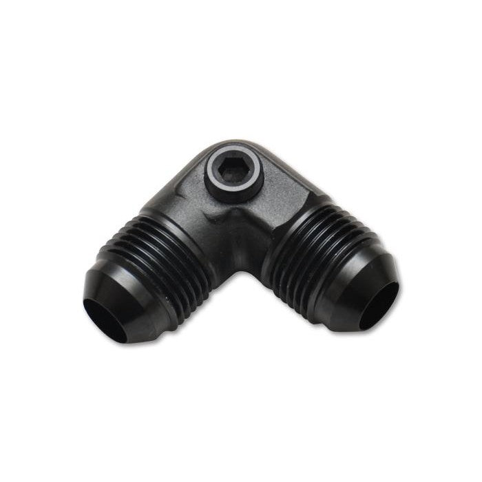 Black anodized 6061 aluminum 90-degree -6AN male to -6AN male union adapter with an integrated 1/8 inch NPT accessory port.