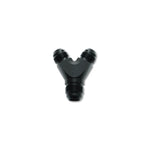 Black anodized 6061 aluminum -6AN Y-adapter fitting with three male -6AN flare connections.