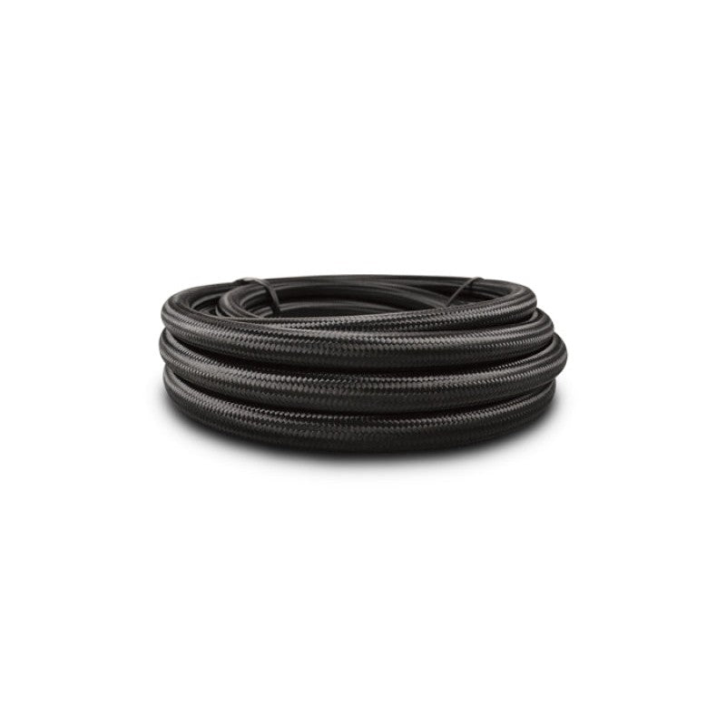 150ft bulk roll of Vibrant Performance -8 AN black nylon braided flex hose with white PTFE inner liner.