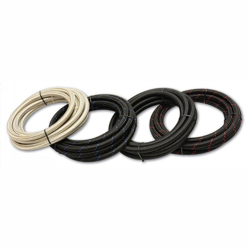 10-foot roll of Vibrant Performance -8 AN stainless steel braided flex hose showing the outer braid and rubber liner.