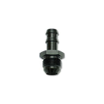 Black anodized 6061 aluminum straight adapter fitting with -8 AN male flare and 1/2 inch hose barb.