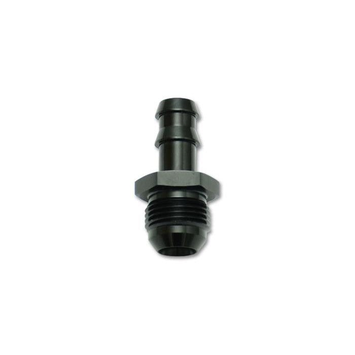 Black anodized 6061 aluminum straight adapter fitting with -8 AN male flare and 1/2 inch hose barb.