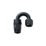 Black hard anodized Vibrant Performance -8AN 180 degree swivel-style elbow hose end fitting.