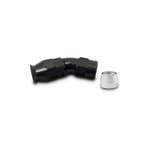 Black hard anodized 6061 aluminum 30-degree -8AN hose end fitting with aluminum olive for PTFE lined hose.