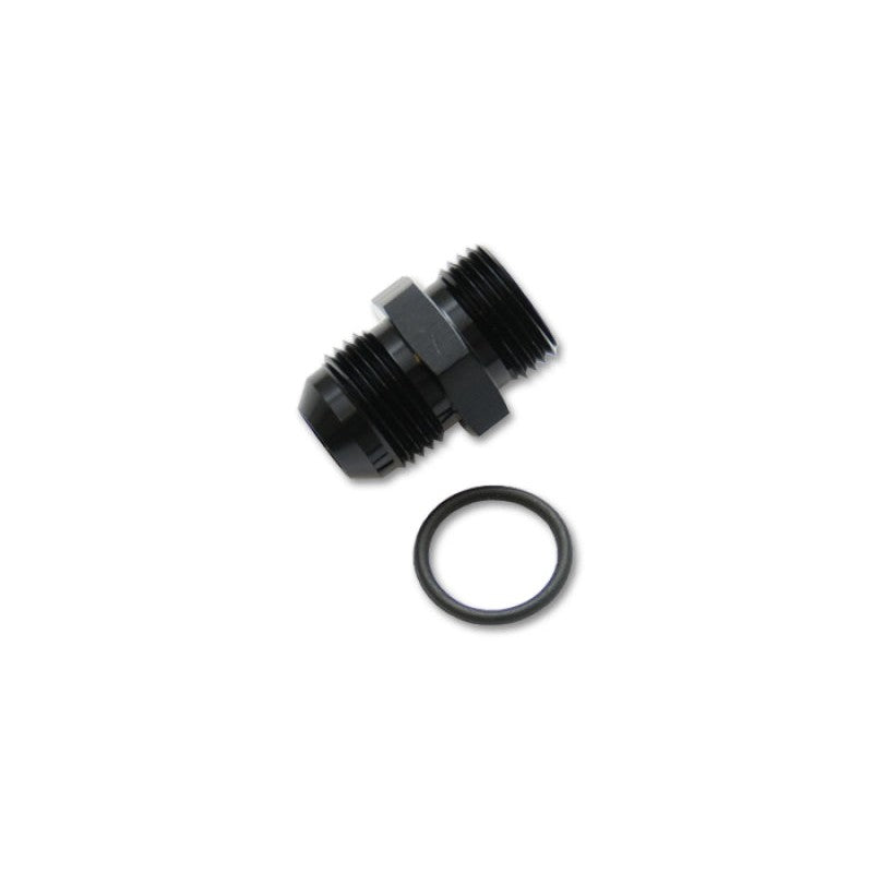 Black anodized 6061 aluminum -8AN male flare to 3/4-16 male ORB straight cut adapter fitting with O-ring.