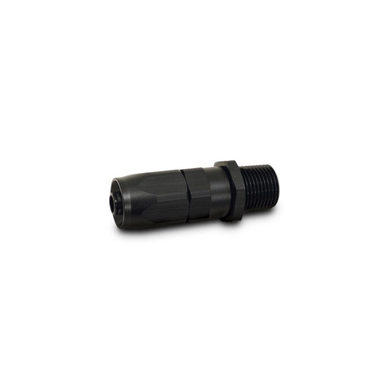 Black anodized 6061 aluminum -8AN to 1/4 inch NPT male straight swivel hose end fitting.