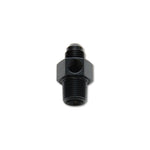 Black anodized 6061 aluminum -8AN male flare to 1/4 inch NPT male straight adapter with a 1/8 inch NPT sensor port.
