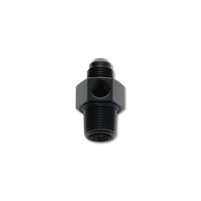 Black anodized -8AN male to 3/8 inch NPT male straight adapter fitting with a 1/8 inch NPT side port.