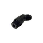 Black anodized 6061 aluminum 45-degree swivel adapter fitting with -8AN male and -8AN male ORB threaded ends.
