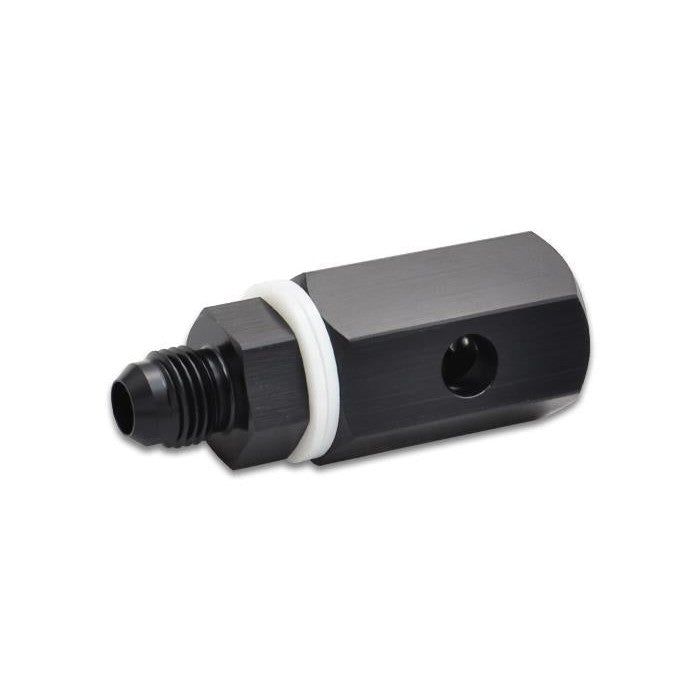 Black anodized -8AN rollover valve machined from 6061 aluminum alloy.