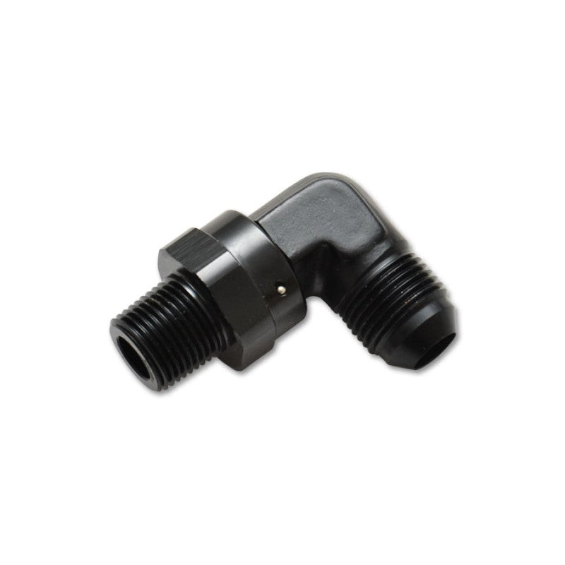 Black anodized 6061 aluminum Vibrant 11358 -8AN to 1/2 inch NPT male swivel 90 degree adapter fitting.