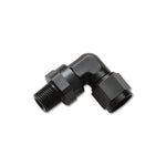 Black anodized 6061 aluminum 90-degree adapter fitting with -8AN female swivel and 1/4 inch NPT male threads.
