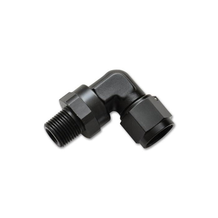 Black anodized 6061 aluminum 90-degree adapter fitting with -8AN female swivel and 1/4 inch NPT male threads.