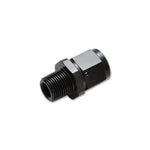 Black anodized Vibrant Performance 11371 straight adapter fitting with -8AN female swivel and 1/4 inch NPT male ends.