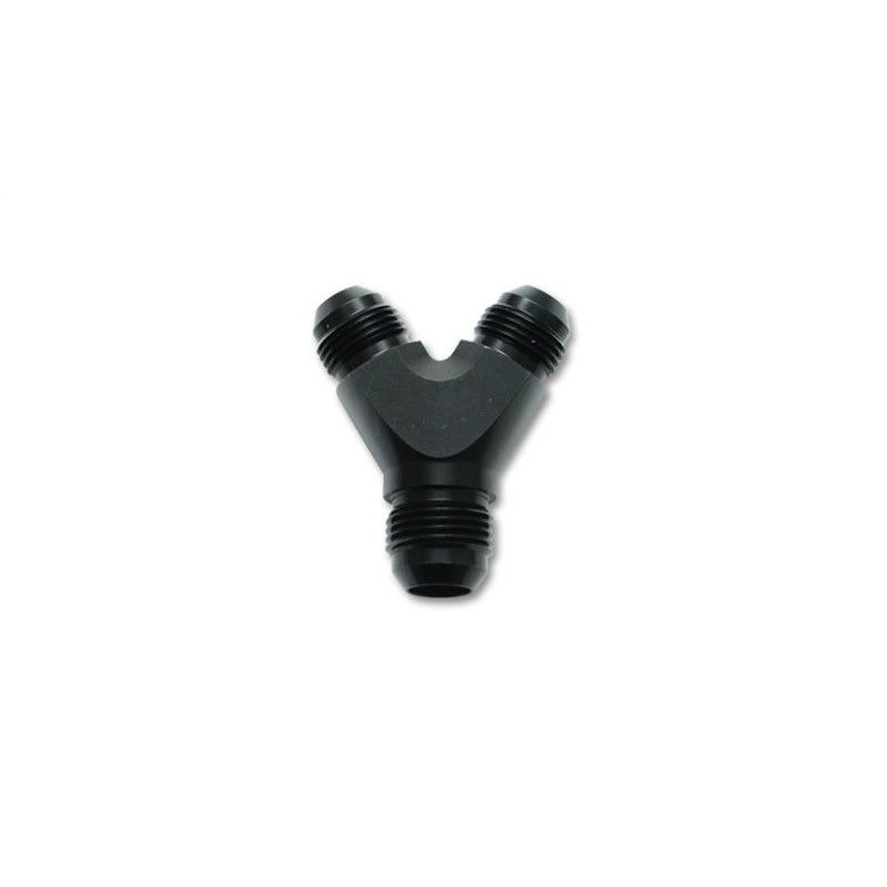 Vibrant Performance 10807 black anodized 6061 aluminum Y-adapter fitting with -8AN and dual -6AN ports.