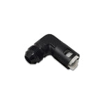 Black anodized 90-degree aluminum adapter fitting with -6AN male and 5/16 inch female EFI quick connect ends.