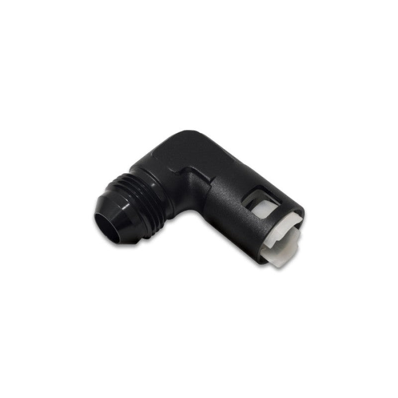 Black anodized 90-degree 6061 aluminum EFI adapter fitting, -8AN to 0.375 inch female quick connect.