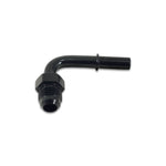 Black anodized 90-degree aluminum -8AN to 0.375-inch male EFI quick-connect adapter fitting.
