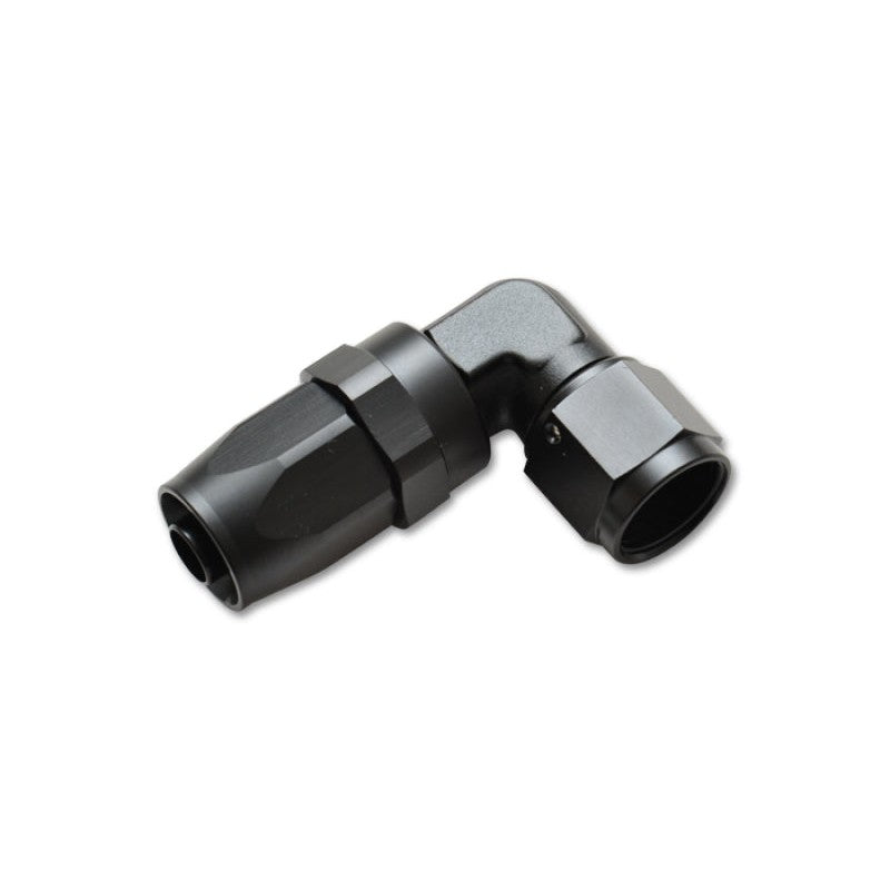 Black anodized 6061 aluminum Vibrant Performance -8AN 90-degree tight radius swivel hose end fitting.