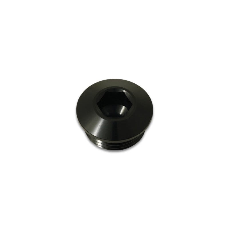 Low-profile black anodized 6061 aluminum -12AN ORB slimline port plug with pre-installed O-ring seal.