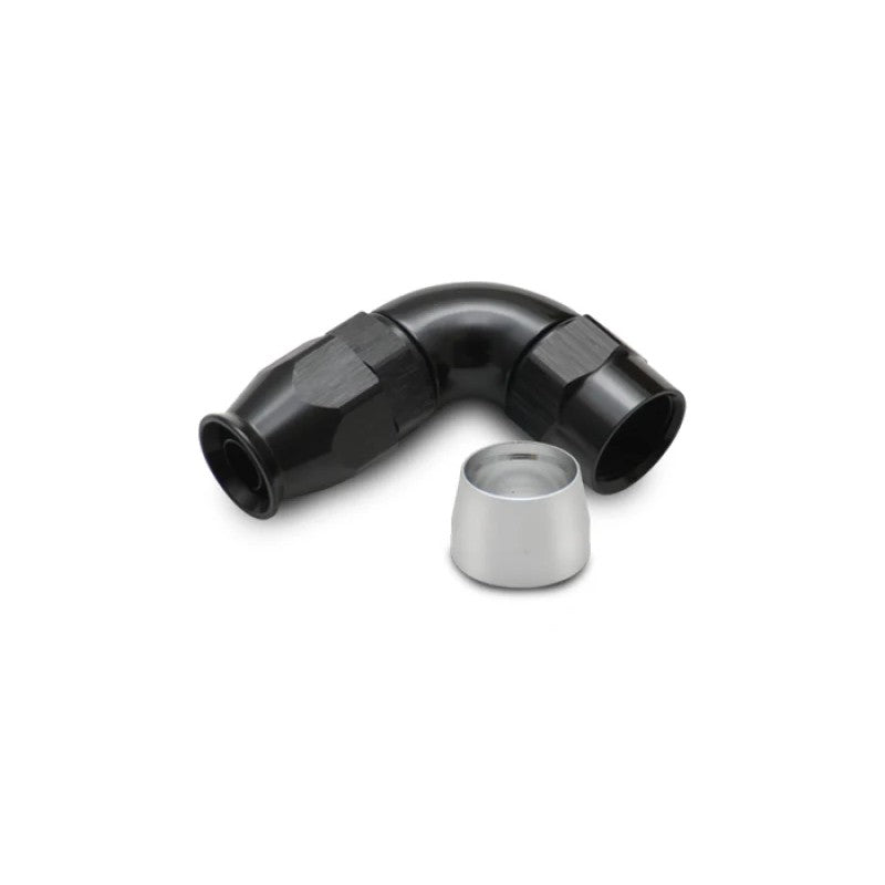 Black hard anodized Vibrant 90-degree -8AN one-piece aluminum hose end fitting for PTFE-lined hose.