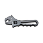 Black anodized aluminum adjustable AN wrench with V-jaws for -4AN to -16AN fittings.